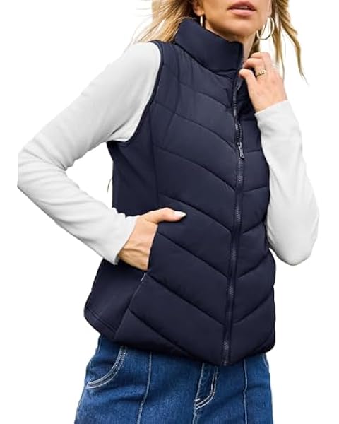 Dokotoo Womens Vest Casual Blue Quilted Vest Warm Winter Sleeveless Vest Stand Collar Outerwear Fall Jacket Coats for Women 2024 Fashion Pockets Vest Medium