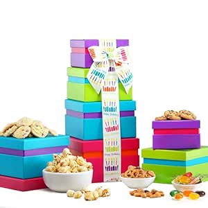 Broadway Basketeers Gourmet Chocolate Gift Tower - Birthday Snack Box with Sweet and Savory Treats