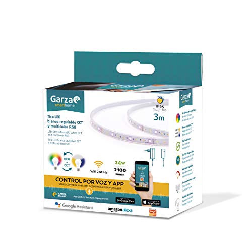 Garza Smarthome-Tira LED WiFi CCT + RGB 24w IP65 de 3 Metros Inteligente y programable, Cambio de Intensidad + Tonalidad + Color, Control por Voz y App, Alexa, iOS, Google, Android, 24 W, Blanco