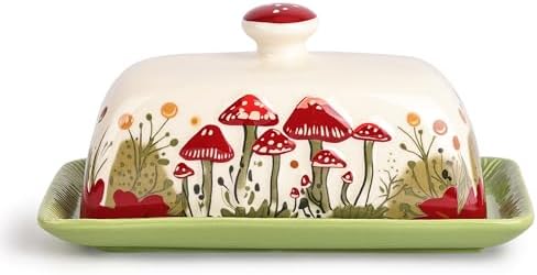 Fungi Fun Mushroom Butter Dish With Lid For Countertop Ceramic Butterdish, Red Mushroom Butter Container, Butter Tray Large Butter Dish Covered (White & Red Mushroom Butter Dish)