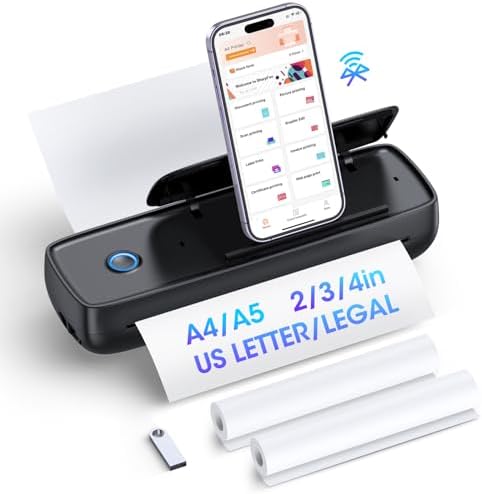 Portable-Printer with phone holder, Thermal-Wireless-Bluetooth-Mini Inkless-Printer for Travel Support 8.5" X 11" US Letter&Legal A4&A5 Thermal Paper, Compatible with Android and iOS Phone&Laptop