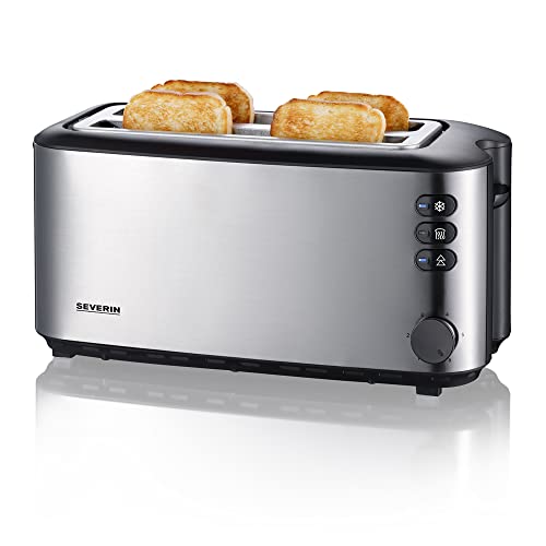 SEVERIN - Tostadora doble de ranura larga para 4 rebanadas, panecillos y bollería, tostador de pan con recogemigas, 6 niveles de tostado, acero inoxidable cepillado, 1400 W, AT 2509