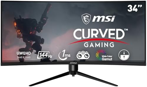 MSI Optix MAG342CQR 1500R Curvature 21:9 Aspect Ratio Narrow Bezel 1ms 3440 x 1440 (UWQHD) 144Hz Refresh Rate Tilt/Swivel/Height/Pivot Adjustment 34" AMD Freesync Gaming Curved Monitor, Black