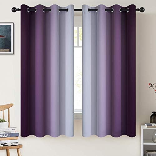 COSVIYA Grommet Ombre Room Darkening Curtains 63 inch Length, Purple and Greyish White Gradient Drapes Light Blocking Insulated Thermal Window Curtains for Bedroom/Living Room,2 Panels,52x63 inches