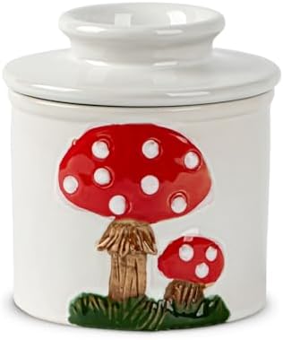 Mushroom Butter Crock For Counter With Water Line Ceramic French Butter Holder White French Butter Dish Butter Keeper Butter Jar Room Temperature Butter Storage Soft Butter