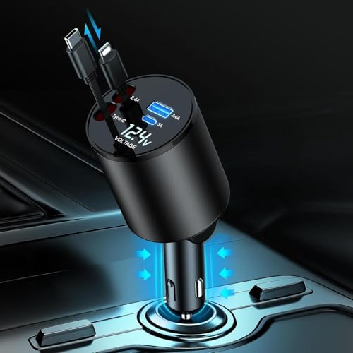 Retractable Car Charger, 4 in 1 Super Fast Car Phone Charger 60W, 2 Retractable Cables and 2 USB Ports Car Charger Adapter,Compatible with iPhone 15/14/13/12/11,Galaxy,Pixel
