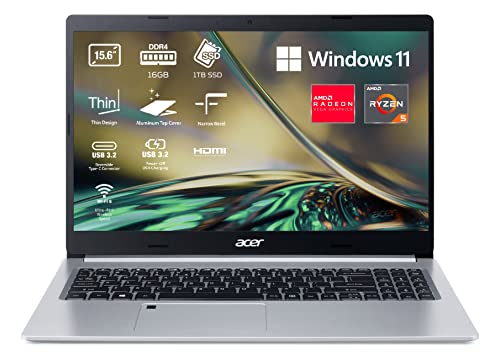Acer Aspire 5 NU-A515-45-R5HH - Ordenador Portátil 15.6" Full HD LED, Laptop (AMD Ryzen 5 5500U, 4 GHz Turbo, 16 GB RAM, 1 TB SSD, AMD Radeon Graphics, Windows 11 Home), PC Portátil Color Plata