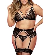 JuicyRose Women Plus Size Lingerie Set with Garter Belt 3 Piece Strap Lace Teddy Bodysuit