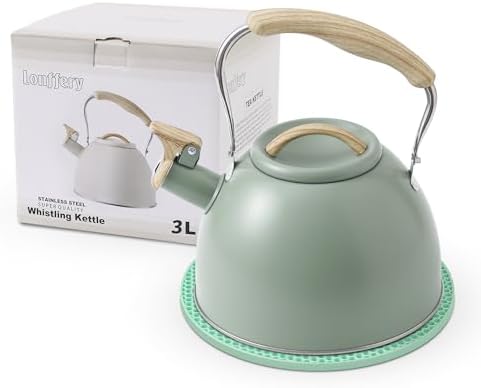 LONFFERY Tea Kettle, 3.2 Quart Whistling Tea Kettle, Tea Kettle for Stove Top, Food Grade Stainless Steel Tea Pot with Wood Pattern Folding Handle - Green