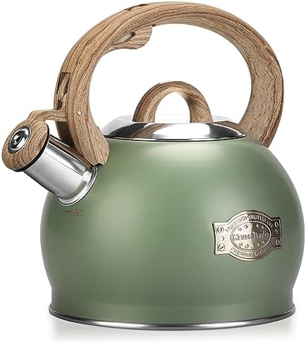 Hauce Radio Tea Kettle Stovetop, 2.1 Quart Stove Top Whistling Tea Kettle, Teapot Kettles with Food Grade Stainless Steel and Wood Pattern Folding Handle, Suitable for All Heat Sources