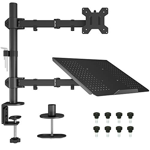 BONTEC Brazo de Monitor con Bandeja para Computadora Portátil para Pantalla LED LCD de 13-27 Pulgadas y Computadora Portátil de hasta 15,6 Pulgadas, Inclinable y Giratorio, VESA 75/100mm