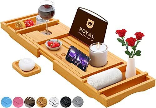 ROYAL CRAFT WOOD Premium Bathtub Tray - Expandable Bath Tray for Tub - Unique House Warming Bath Tub Tray Wood - Luxury Bathtub & Bathroom Accessories for New Home, Relaxing Spa, Women