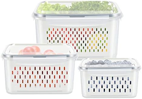 3 Pack Fruit Storage Containers for Fridge, Produce Saver Vegetable Container with Drain Colanders - Refrigerator Organizer for Lettuce Berry Keepers
