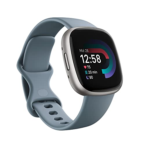 Fitbit Versa 4, el smartwatch que te ayuda a ponerte en forma con GPS integrado, hasta 6 días de batería y compatible con iOS 15 & Android OS 9.0, Azul menta/Aluminio platino