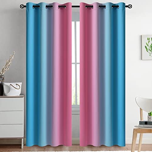 Yakamok Ombre Pink and Blue Curtains for Bedroom, Gradient Room Darkening Curtains 84 inches Long,Grommet Thermal Insulated Light Blocking Window Drapes/Curtain for Living Room,52 x 84 Inch,2 Panels