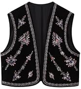 Yimoon Women's Vintage Embroidered Vest Velvet Floral Boho Open Front Cropped Cardigan Vests