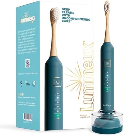 Lumineux Sonic Electric Toothbrush for Adults - Bamboo Heads -Deep Ocean (Blue)- Includes 2 Super Soft Bristle Bamboo Tooth Brush Heads, Charging Station & USB Charge Cord - Rechargeable