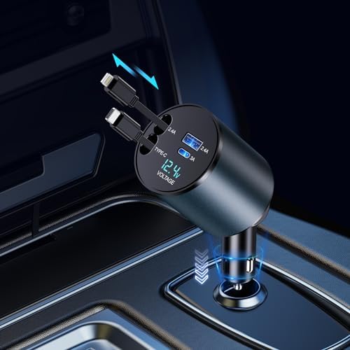 Retractable Car Charger, 4 in 1 Fast Car Phone Charger 60W for iPhone and USB C Car Charger, Retractable Cables and USB Ports Compatible with iPhone 15/14/13/12/11,Galaxy,Pixel/Samsung S24/S23
