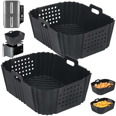 BYKITCHEN Air Fryer Silicone Liners for Ninja SL401 Double Stack 2 Basket Air Fryer, Reusable Rectangle Perforated Silicone Liners for Dual Air Fryer, Ninja DoubleStack XL Air Fryer Accessories