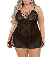 JuicyRose Women's Plus Size Lingerie Sets, Sexy Open Back Babydoll Strappy Lace Chemise