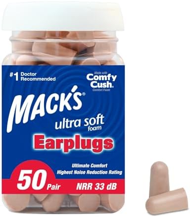 Mack's Ultra Soft Foam Earplugs, 50 Pair - 33dB Highest NRR, Comfortable Ear Plugs for Sleeping, Snoring, Travel, Concerts, Studying, Loud Noise, Work | Made in USA