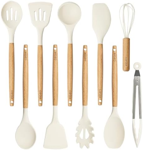 CAROTE Silicone Cooking Utensils Set for Kitchen,446°F Heat Resistant 10 pcs Non-Stick Cooking Set with Wooden Handle Spatula Turner Spoon Tongs Whisk