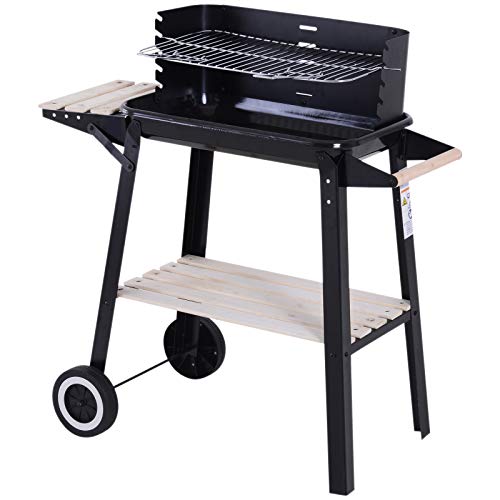 Outsunny Barbacoa de Carbón Vegetal Parrillas Asador BBQ de Picnic Altura de Parrillas Ajustables con Estantes y Ruedas Facil Mover para Jardín Exterior Acampada 87x45x83cm