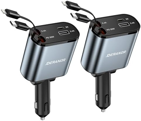 [2 Pack] Retractable Car Charger 4 in 1 Fast Car Phone Charger 69W, Type C Car Charger Adapter with 2X Retractable Phone Charger Cables and 2X USB Ports for iPhone 15/14/13/12, Samsung S24/S23,Google