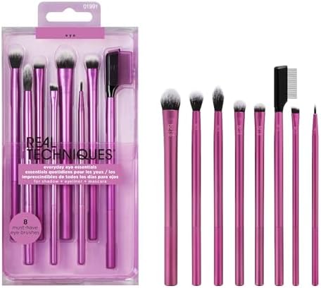 Real Techniques Everyday Eye Essentials 8 Piece Makeup Brush Set, Eye Brushes for Eye Liner, Eyeshadow, Brows, & Lashes, Travel Friendly, Gift Set, Synthetic Bristles, Cruelty-Free & Vegan