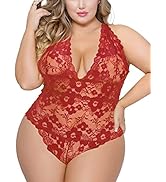 Plus Size Lace Teddy Sleepwear, Halter Plunging One-Piece Lingerie