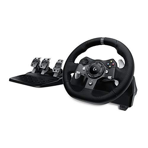 Logitech G920 Driving Force Volante de Carreras y Pedales, Force Feedback, Aluminio Anodizado, Palancas de cambio, Volante de Cuero, Pedales Ajustables, Enchufe UK, Xbox One/PC/Mac , Negro