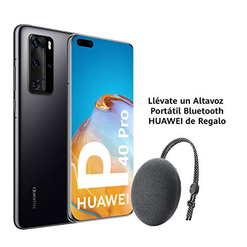Huawei P40 Pro 5G - Smartphone de 6,58" OLED (8GB RAM + 256GB ROM, Cuádruple Cámara Leica de 50MP (50+40+12+TOF), zoom 50x, Kirin 990 5G, 4200 mAh, carga rápida , EMUI 10 HMS) Negro + altavoz CM51