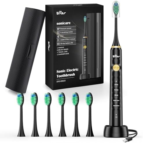 Bear Electric Toothbrush for Adults, Rechargeable Toothbrush with 5 Mode, 6 Brush Heads & Travel Case, One Charge for 60 Days, Smart Timers