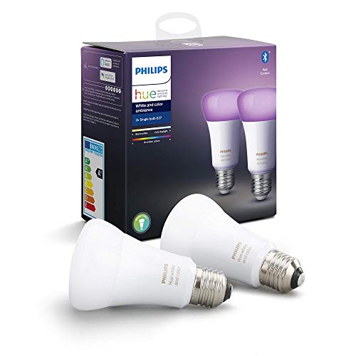 Philips Hue Pack de 2 Bombillas Inteligentes LED E27, con Bluetooth, Luz Blanca y Color, Compatible con Alexa y Google Home