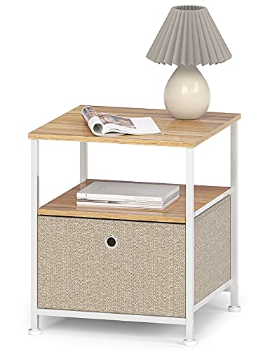 Mesitas de Noche con Cajón de Tela y Estante Gabinete de Almacenaje Mesa Auxiliar de Metal Mesilla de Noche Pequeño Armario para Sofá Dormitorio Café Salon Madera Metal Blanco y Beige