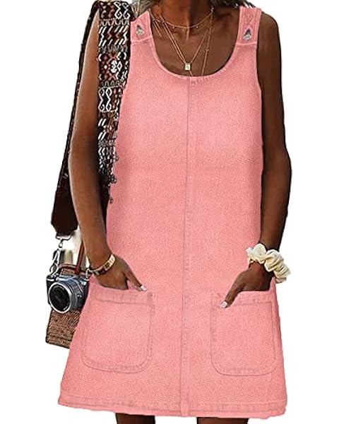 BZB Women's Sleeveless Casual Denim Dress Crewneck Vintage Overall Mini Dress with Pockets Pink