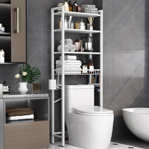 Kalrin Over-The-Toilet Storage Rack, 4-Tier Bathroom Organizer Shelf Over Toilet with Adjustable Shelf and Basket, Freestanding Space Saver Bathroom Shelves Above Toilet for Room (Pure White)