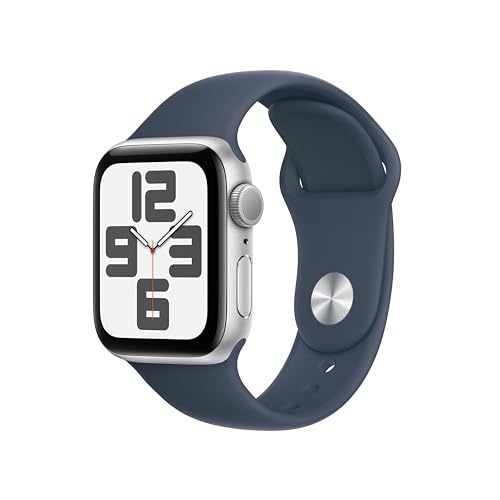 Apple Watch SE de 2.ª generación, 2023 [GPS] Smartwatch con Caja de Aluminio en Plata de 40 mm y Correa Deportiva Azul tempestad - Talla S/M. Monitor de entreno y sueño, Pantalla Retina