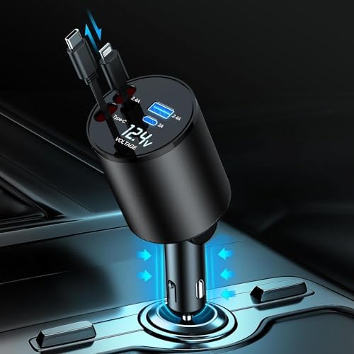 Retractable Car Charger, 4 in 1 Super Fast Car Phone Charger 60W, 2 Retractable Cables and 2 USB Ports Car Charger Adapter,Compatible with iPhone 15/14/13/12/11,Galaxy,Pixel