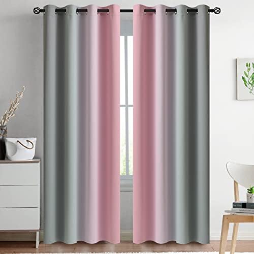 Yakamok Ombre Pink and Grey Curtains for Bedroom, Gradient Room Darkening Curtains, Grommet Thermal Insulated Light Blocking Window Drapes/Curtain for Living Room,52 x 84 Inch,2 Panels