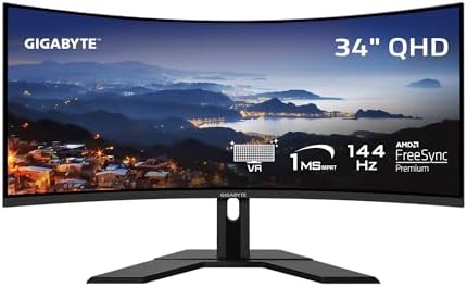 GIGABYTE - G34WQC Advanced-R - 34" VA Curved Gaming Monitor - WQHD 3440x1440-144Hz - 1ms MPRT - AMD FreeSync Premium - HDMI, DP - Height Adjustable - Black (RENEWED)