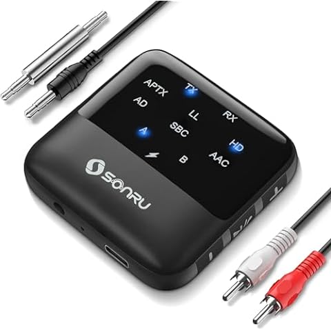 SONRU Bluetooth 5.2 Transmitter Receiver for TV, Bluetooth Receiver for HiFi Home Stereo with RCA 3.5mm AUX&Display, Bluetooth Audio Adapter Dual Connection for PC/Cellphone/Tablet/Car