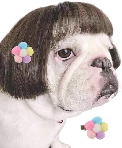 Funny Dog Wig for Small Medium Large Dogs with Free Head Flower, Trimmable Pet Costume Cat Cosplay Decoration for Halloween, Christmas, Parties