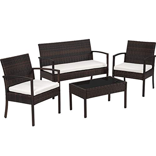 TecTake Conjunto muebles de Jardín en Poly Ratan Sintetico - negro 4 plazas, 2 sillones, 1 mesa baja, 1 banco (Negro/Marrón)
