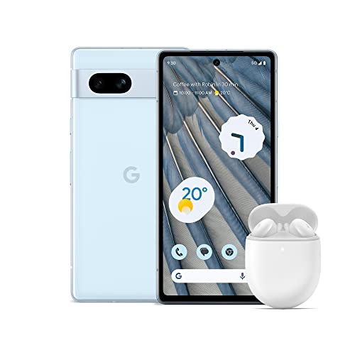 Google Pixel 7a - Teléfono móvil 5G Android libre con lente gran angular y batería de 24 horas de duración - Azul claro + Pixel Buds A-Series - Auriculares Inalámbricos - Auriculares Bluetooth -Blanco