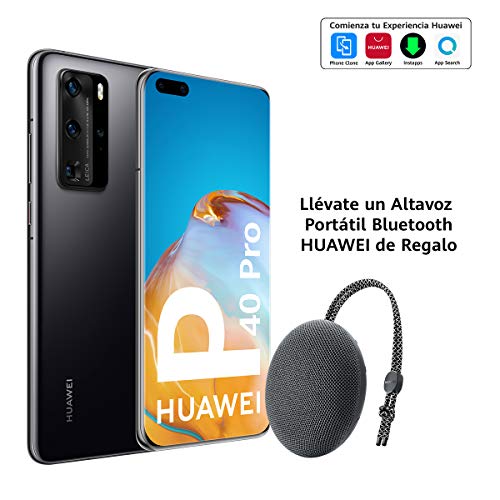 Huawei P40 Pro 5G - Smartphone de 6,58" OLED (8GB RAM + 256GB ROM, Cuádruple Cámara Leica de 50MP (50+40+12+TOF), zoom 50x, Kirin 990 5G, 4200 mAh, carga rápida , EMUI 10 HMS) Negro + altavoz CM51