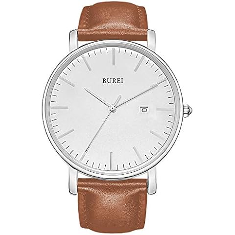 BUREI Men's Fashion Wrist Watch Minimalist Simple Watches for Men Ultra Thin Watch Analog Quartz Watches Leather Strap Watches with Date (Silver Brown)