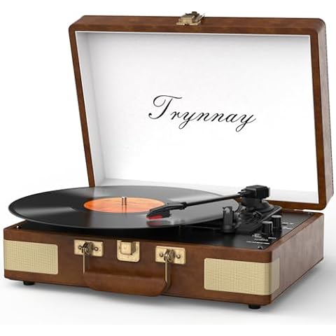 Tyranny Record Player 3 Speed Bluetooth Portable Suitcase Vinyl Player with Built-in Speakers Turntable Enhanced Audio Sound Waxed Leather Retro Almond
