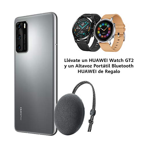 Huawei P40 5G - Smartphone de 6,1" OLED (8GB RAM + 128GB ROM, Triple Cámara Leica de 50MP (50+16+8MP) con visión nocturna, chip Kirin 990 5G, 3800 mAh, carga rápida, EMUI 10 HMS) Plata + altavoz CM51