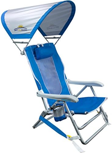 GCI Outdoor Sunshade Backpack Beach Chair | Reclining Folding Canopy Chair with Durable Armrests, Drink Holder & Carry Straps, Perfect for Beach Trips & Picnics — Saybrook Blue